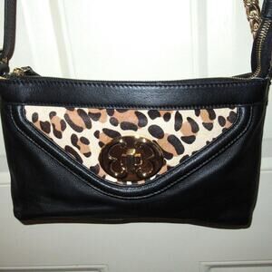 EMMA FOX Women's Black Leather Cheetah Print Calf Hair Crossbody Purse Handbag